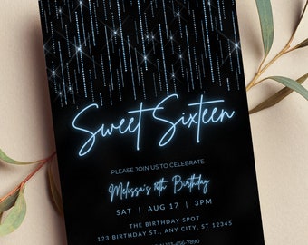 Editable Sweet 16 Birthday Invitation, Blue and Black Invitation, Neon, Print or Text Invite