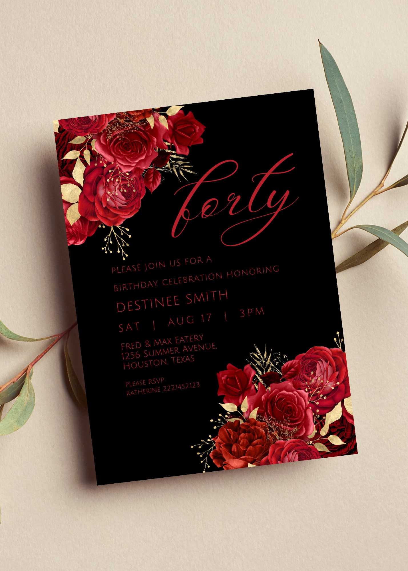 Editable Red, Black and Gold Floral Invitation, Red and Gold Flowers, Birthday Invitation, Printable or Text Invite