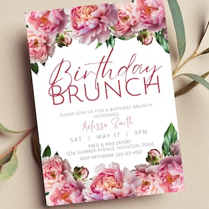 Editable Birthday Brunch Invitation, Pink Floral, Sunday Brunch, Baby Brunch, Bridal Brunch, Printable or Digital Invite