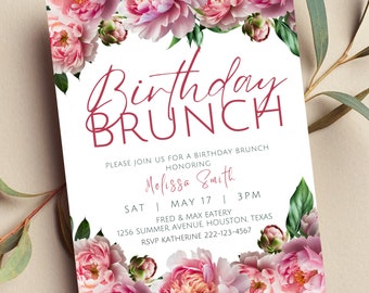 May include: A pink floral birthday brunch invitation with the text "Birthday Brunch" in a burgundy script font. The invitation includes the details of the event, including the date, time, location, and RSVP information.