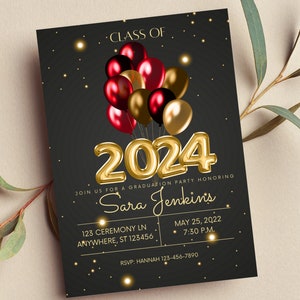 Editable Graduation Invitation 2025, Red and Gold Balloons Graduation Announcement, Class of 2025, Print or Digital
