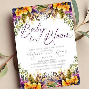 Editable Baby in Bloom Baby Shower Invitation, Purple and Yellow, Spring Flowers, Summer, Baby Shower, Printable or Text Invite