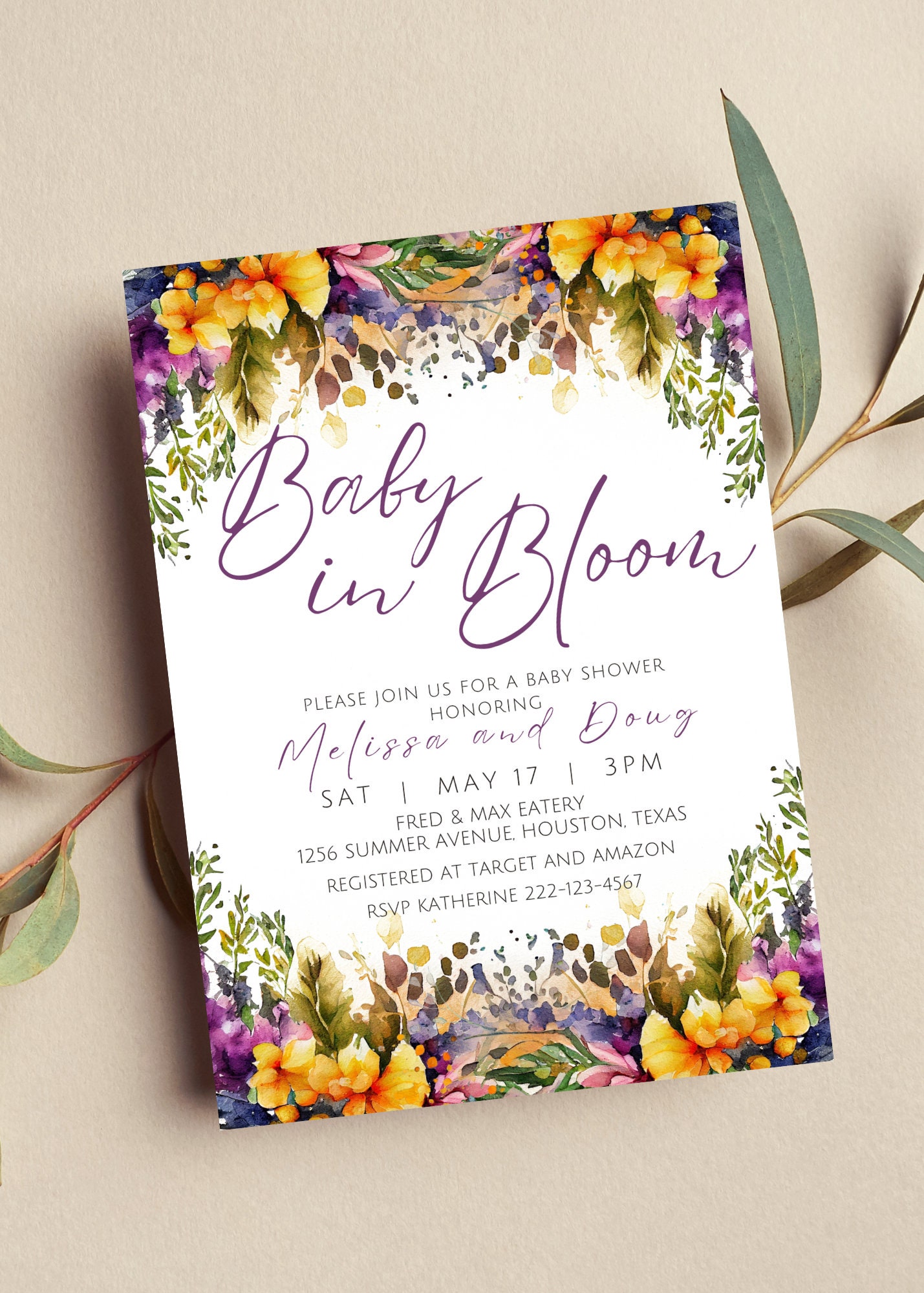 Spring Invitations Bloom Editable Baby in Bloom Baby Shower Invitation, Purple and Yellow ...