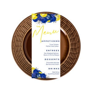 Bewerkbare menukaartsjabloon, blauw geel, zilveren menukaarten, bloemen, dinermenu, tafelmenu, trouwmenu, brunchmenu, barmenu, afdrukbaar