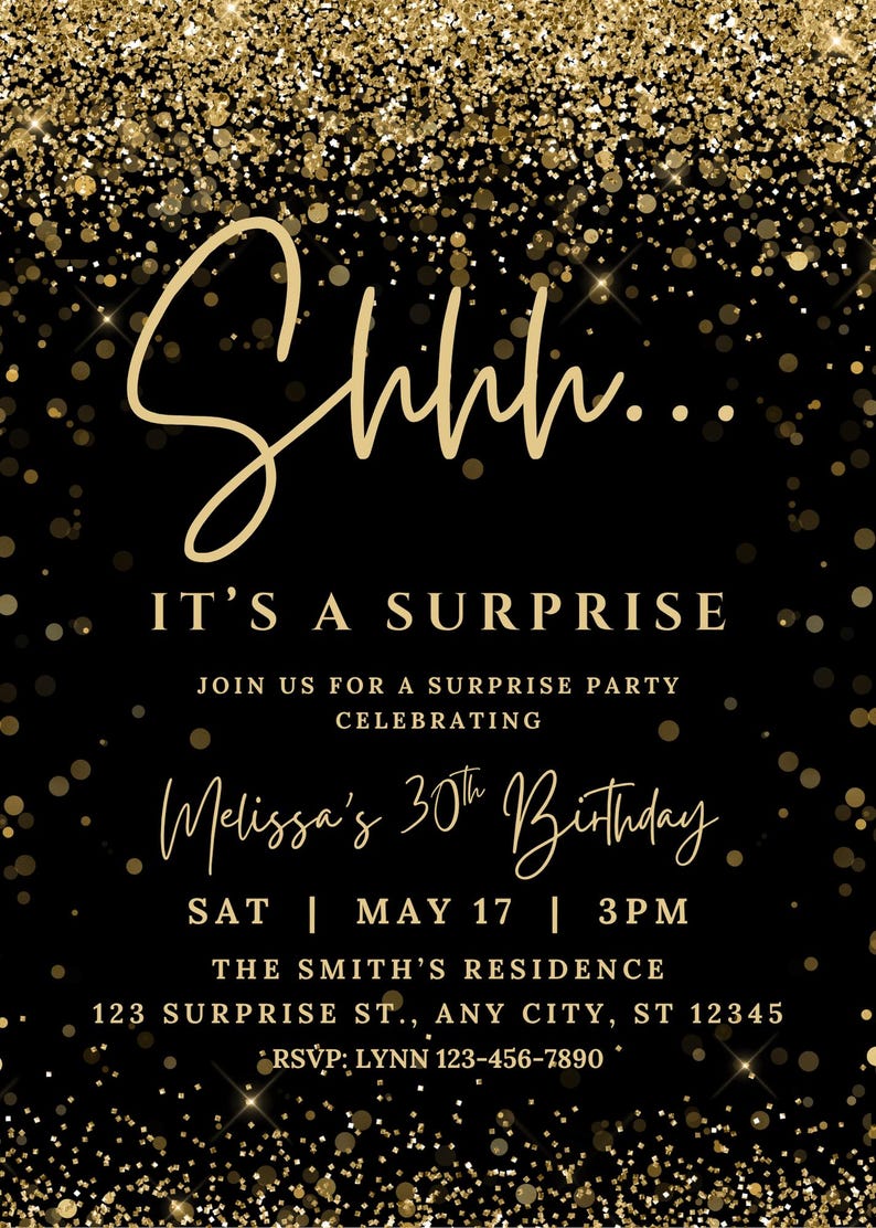 K&ouml;nnte beinhalten: Schwarze Einladung mit goldenen Glitzerakzenten. Der Text lautet "Shhh... Es ist eine &Uuml;berraschung" und k&uuml;ndigt Melissas 30. Geburtstagsparty an. Details sind Datum, Uhrzeit, Ort und RSVP-Informationen.