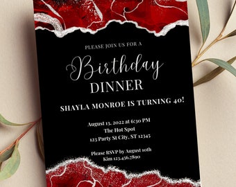 May include: A black and red birthday dinner invitation with silver glitter accents. The invitation reads "Please join us for a Birthday Dinner, Shayla Monroe is turning 40!" with the date, time, location, and RSVP information.