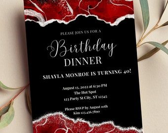 Editable Red and Silver Invitation, Agate Birthday Dinner Invitation, Printable or Text Invite