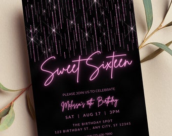 Editable Sweet 16 Birthday Invitation, Pink and Black Invitation, Neon, Print or Text Invite