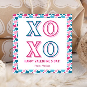 Etiqueta de regalo de San Valentín imprimible, etiqueta para bolsa de golosinas, etiqueta de regalo de San Valentín con tarjeta XOXO, rosa y azul, descarga instantánea, editable