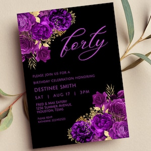 Invito di compleanno modificabile viola, oro e nero, invito floreale, matrimonio, addio al nubilato, qualsiasi occasione, invito stampabile o digitale