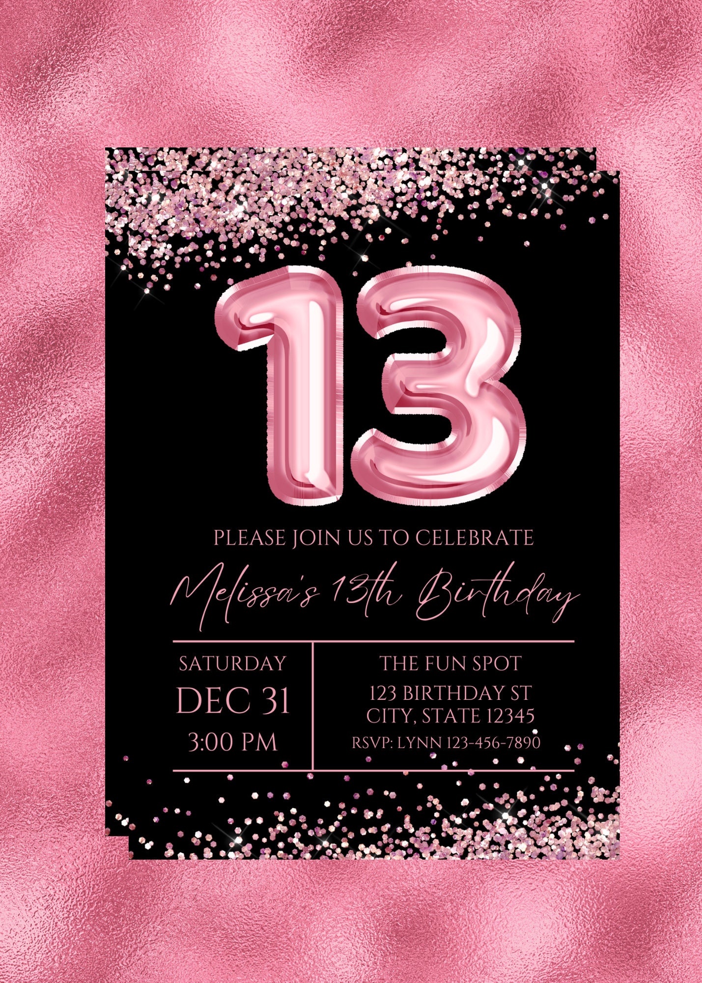 editable-13th-birthday-invitation-pink-and-black-invitation-pink-13-balloon-glam-glitter-printable-or-text-invite-etsy