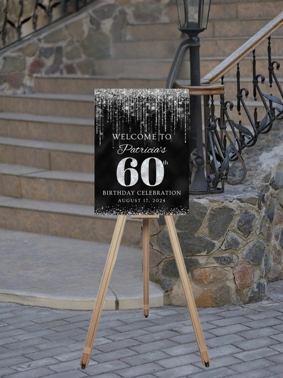 Editable Birthday Welcome Sign, Black and Silver, Any Age, Printable Download