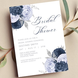 Editable Dusty Blue and Silver Bridal Shower Invitation, Dusty Blue and Silver Flowers, Printable or Text Invite