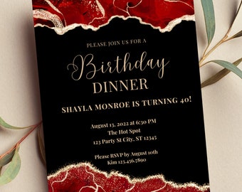 May include: Birthday dinner invitation with a black background and red and gold accents. The text reads "PLEASE JOIN US FOR A Birthday DINNER" and includes event details for Shayla Monroe's 40th birthday.