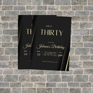 Editable 30th Birthday Invitation, Black and Gold, Printable or Text ...
