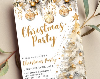 May include: Gold and white Christmas party invitation with a watercolor illustration of a Christmas tree and ornaments. The text reads "Christmas Party" and includes the date, location, and RSVP information.