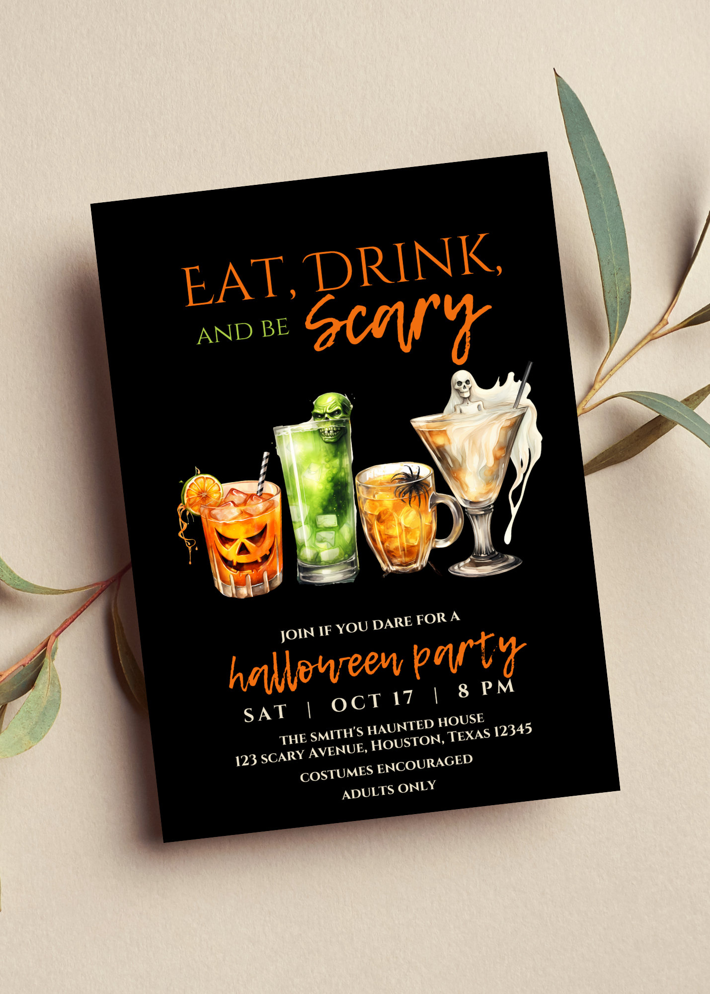 Editable Adult Halloween Party Invitation, Eat, Drink and be Scary, Halloween Costume Party, Cocktail, Printable or Digital, Invitation