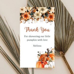 Etiqueta de regalo de calabaza imprimible, etiqueta de regalo, etiqueta de agradecimiento, nota de agradecimiento editable, etiqueta de regalo de otoño, etiqueta de regalo de baby shower con pequeña calabaza floral