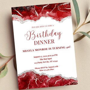 Invito modificabile rosso e bianco, cena di compleanno, invito stampabile o digitale