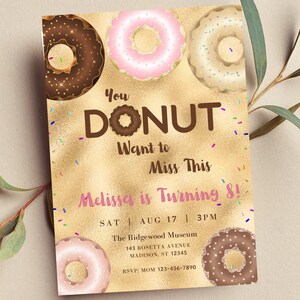 Bearbeitbare Donut-Geburtstagseinladung, Sie Donut möchten diese, Glam, Kindereinladung, Druck- oder Texteinladung verpassen
