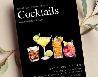 Editable Cocktail Invitation, Adult Invite, Cocktail Party, Happy Hour, Girls Night, Printable or Digital Invitation