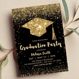 Invito per festa di laurea modificabile, nero e oro, invito stampabile o digitale