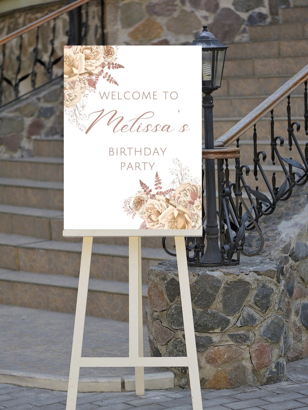 Editable Ivory and Rose Gold Birthday Welcome Sign, Floral Birthday ...