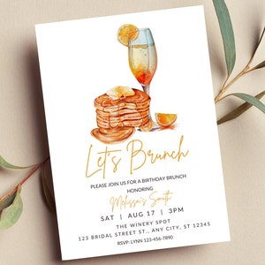 Bearbeitbare Brunch-Einladung, Let's Brunch, Brunch und Sekt, Geburtstagsbrunch, Sonntagsbrunch, Pfannkuchen, Mimose, Printable oder Text Invite