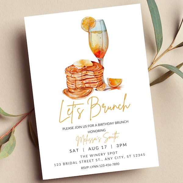 Editable Brunch Invitation, Let's Brunch, Brunch and Bubbly, Birthday Brunch, Sunday Brunch, Pancakes, Mimosa, Printable or Text Invite