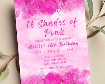 Editable 16 Shades of Pink Invitation, Sweet 16 Invitation, Pink Party, Pretty in Pink Birthday Invite, Printable or Digital Invite