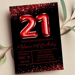 Editable 21st Birthday Invitation, Red and Black Invitation, Red 21 Balloon, Glam, Glitter, Printable or Digital Invitation