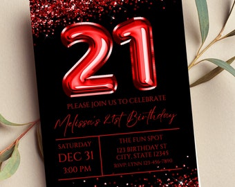 Editable 21st Birthday Invitation, Red and Black Invitation, Red 21 Balloon, Glam, Glitter, Printable or Digital Invitation