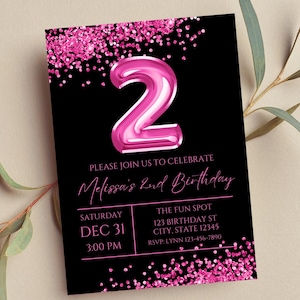 Faire-part 2e anniversaire modifiable, faire-part rose fuchsia et noir, 2 ballons fuchsia, glam, paillettes, faire-part imprimable ou numérique