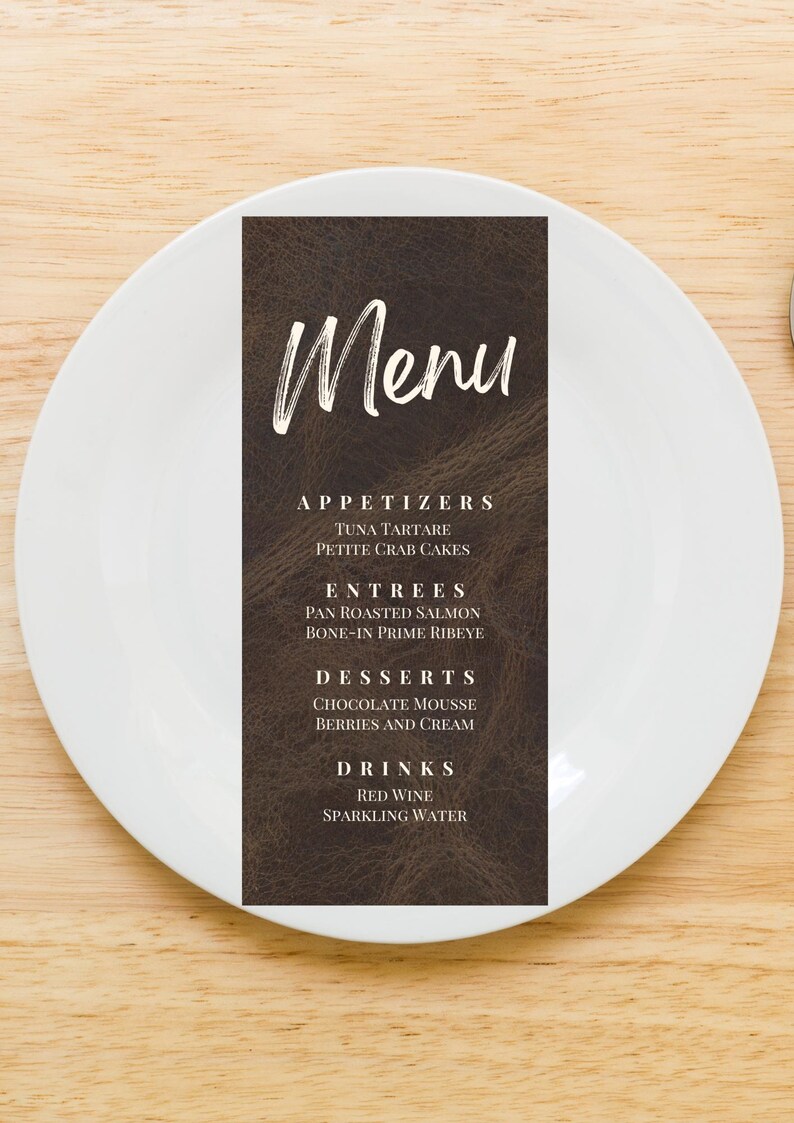 Textured Menus Brown Leather Menu Card Template Editable Dinner Party Menu Digital ...