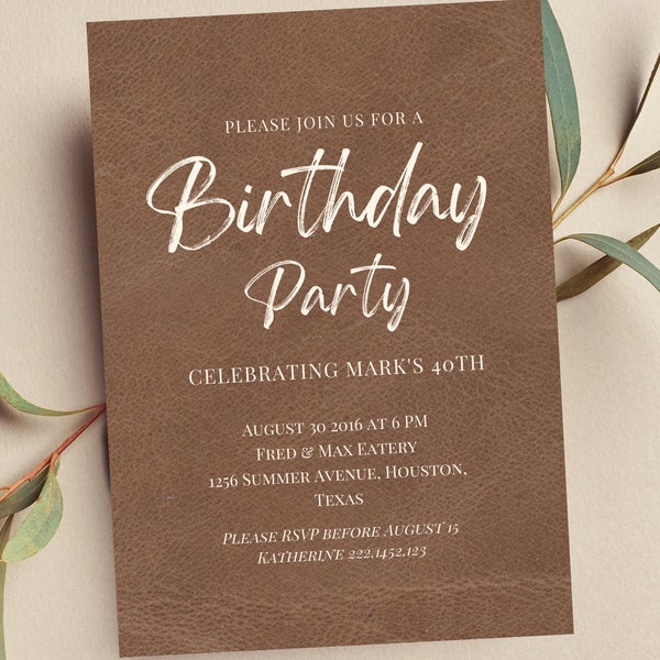 Bearbeitbare Geburtstagsparty-Einladung für Männer, maskuline Einladung, Kamelleder-Design, digitaler Download, druckbar, Text einladen