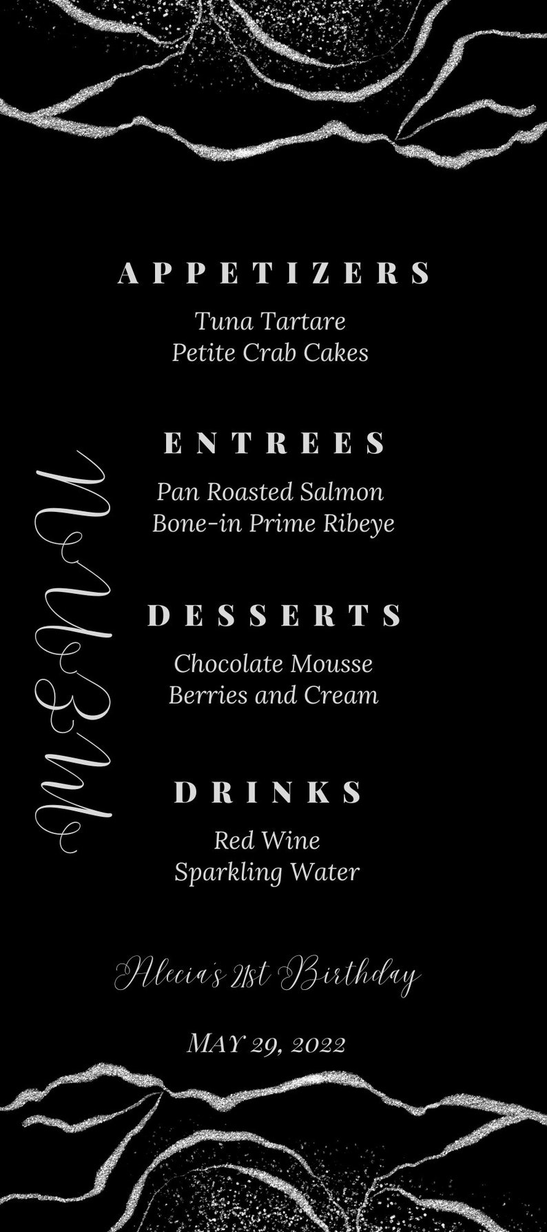 Editable Menu Card Template Black and Silver Menu Card Etsy