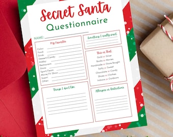 Könnte beinhalten: Ein Secret Santa Fragebogen mit rotem, weißem und grünem Design. Der Text "Secret Santa Questionnaire" steht oben. Das Formular enthält Abschnitte für Vorlieben, Wünsche, Abneigungen und Einschränkungen, ideal für einen Weihnachtswichtel.