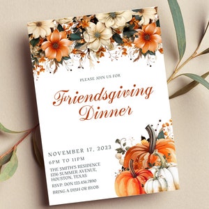 Editable Friendsgiving Dinner Invitation Floral Fall Pumpkin Thanksgiving Invite Printable