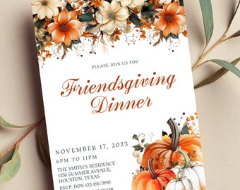 May include: An invitation to a Friendsgiving dinner on November 17, 2023, from 6 PM to 11 PM. The event will be held at The Smith's Residence, 1256 Summer Avenue, Houston, Texas. Guests are asked to RSVP to Don at 123.456.7890 and bring a dish or BYOB. The invitation features a watercolor illustration of pumpkins and fall foliage.