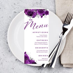 Edytowalny szablon karty menu, fioletowe i srebrne karty menu, kwiatowy, karta menu kolacji, menu stołu, menu baru, do druku