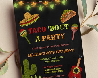 Editable Taco 'Bout a Party Invitation, Fiesta Invitation, Birthday, Mexican Theme, Cactus, Chalkboard Invite, Printable or Text Invite