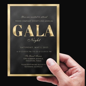 May include: A black and gold invitation card for a gala event. The text reads "You are invited to attend YOUR COMPANY EVENT'S 2ND ANNUAL GALA Night SATURDAY, MAY 1, 2023 6 O'CLOCK PM TO 10 O'CLOCK PM The Grand Museum 1256 SUMMER AVENUE, HOUSTON, TEXAS PLEASE RSVP BEFORE AUGUST 15 KATHERINE 222.1452.123"