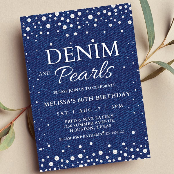 Editable Denim and Pearls Birthday Invitation, Blue Jeans, Glam, Printable or Text Invite
