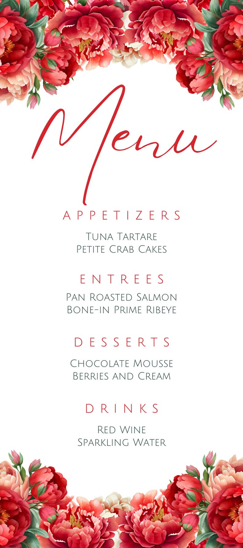 Simple Menu Template Red Red Floral Menu Card Template, Printable (digital Download) - Etsy