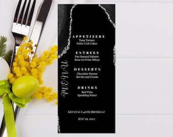 Editable Birthday Party Menu Template, Black and Silver Agate Menu Cards, Birthday Dinner Menu Card, Printable