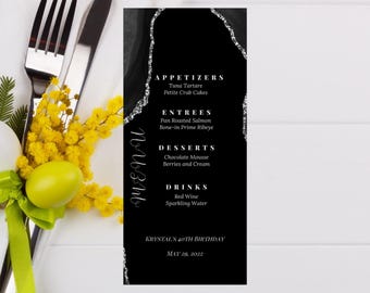 Black and Silver Menu Card Template, Editable Sparkle Menu Template, Birthday Table Menu Template Digital Instant Digital Download Printable