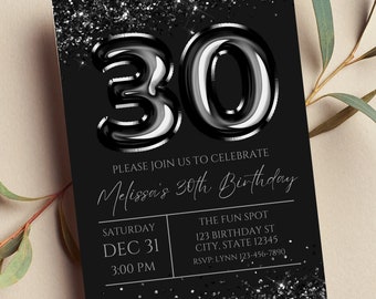 Convite de aniversário de 30 anos editável, convite todo preto, balão preto número 30, glamouroso, aniversário marcante, convite para imprimir ou digital.