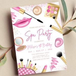 Editable Spa Birthday Party Invitation, Makeup Party, Glam, Printable or Digital Invitation