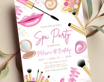 May include: Pink and gold spa party invitation with makeup and beauty products. The invitation says "Please join us for a Spa Party celebrating Melissa's 15th Birthday. Sat Aug 17 | 3PM. The Birthday Spot 123 Birthday St. Any City, ST 12345. RSVP: Lynn 123-456-7890"