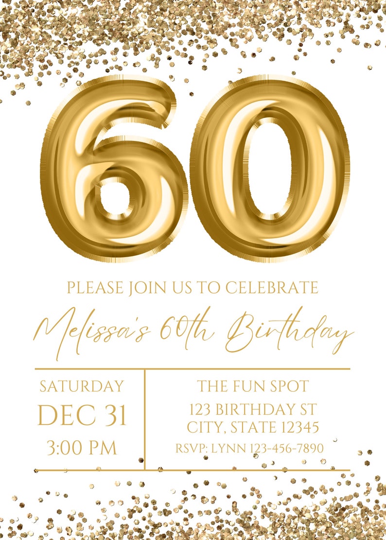 Editable 60th Birthday Invitation, White and Gold Invitation, Gold 60 ...